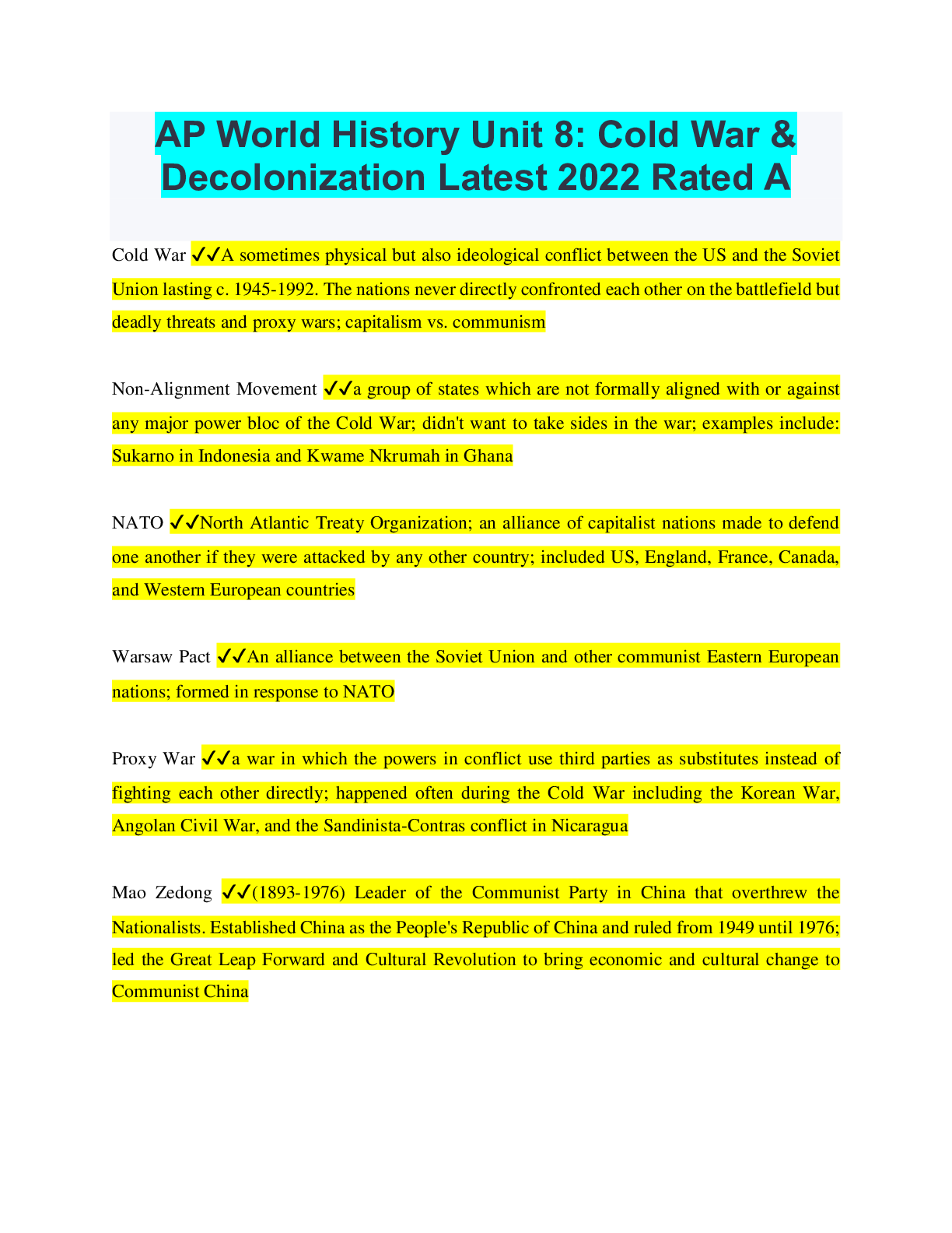 Preview of AP World History Unit 8: Cold War & Decolonization Latest 2022 Rated A